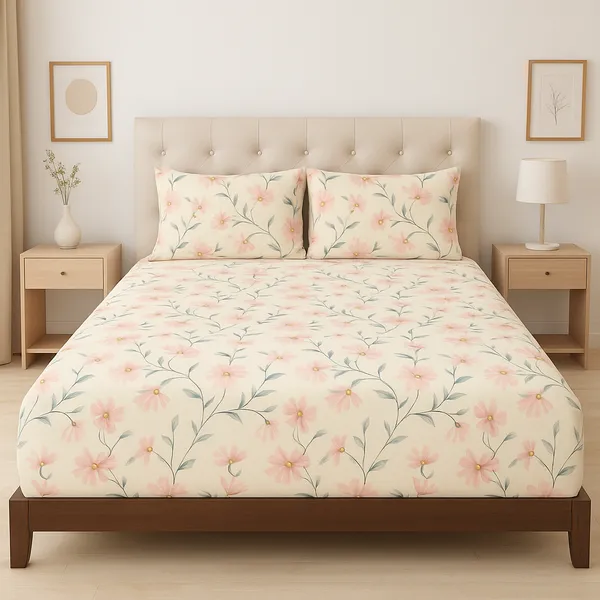 White_Floral_Elastic_Fitted_Cotton_Rich_Feel_Double_Bedsheet_With_2_Pillow_Cover_|_72*78+6_Inch__|_120_GSM