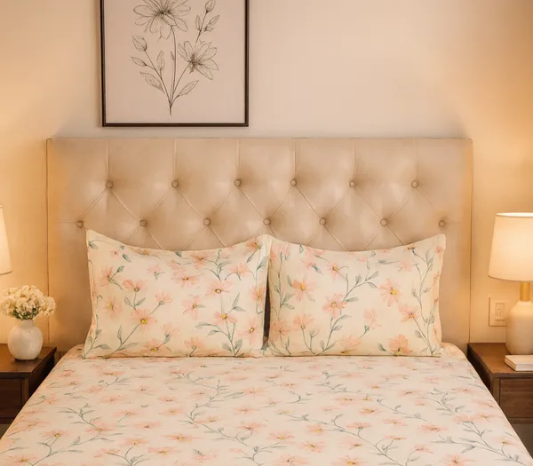 White_Floral_Elastic_Fitted_Cotton_Rich_Feel_Double_Bedsheet_With_2_Pillow_Cover_|_72*78+6_Inch__|_120_GSM