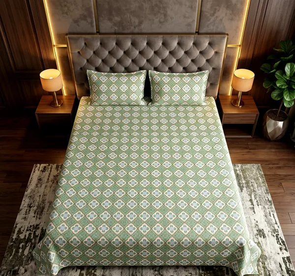 Casa_Green_Medallion_Geometric_Floral_Printed_Queen_Size_Bedsheet_Set_with_2_Pillow_Covers_|_90*100_Inch_|_140_GSM