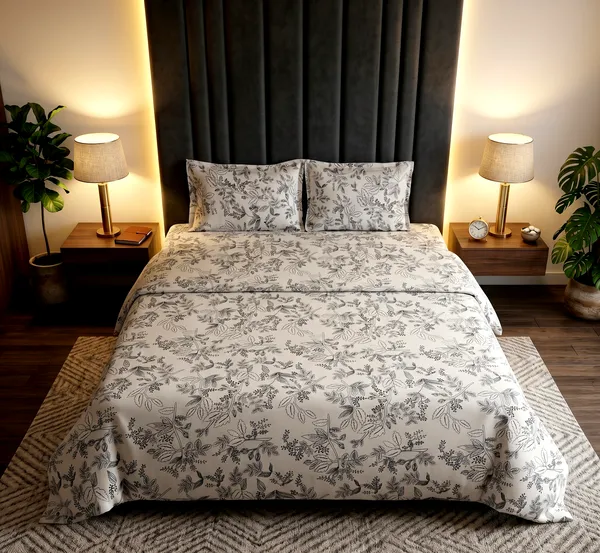 Dove_Grey_Botanical_Bliss_Bedsheet_Set_With_2_Pillow_Cover_|_100%_Cotton_Feel_|_Queen_Size_|_90*100_Inch_|_140_GSM