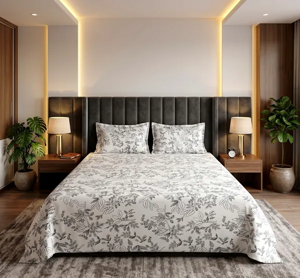 Dove_Grey_Botanical_Bliss_Bedsheet_Set_With_2_Pillow_Cover_|_100%_Cotton_Feel_|_Queen_Size_|_90*100_Inch_|_140_GSM