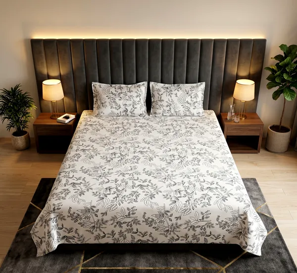 Dove_Grey_Botanical_Bliss_Bedsheet_Set_With_2_Pillow_Cover_|_100%_Cotton_Feel_|_Queen_Size_|_90*100_Inch_|_140_GSM