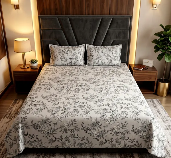 Dove_Grey_Botanical_Bliss_Bedsheet_Set_With_2_Pillow_Cover_|_100%_Cotton_Feel_|_Queen_Size_|_90*100_Inch_|_140_GSM