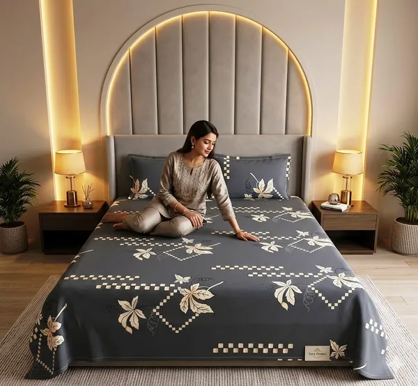 Modern_Leafline_Dark_Grey_100_%_Cotton_Rich_Feel_Wrinkle_Free_Double_Bedsheet_With_2_Pillow_Cover_|_90*100_Inch_|_140_GSM_|_Queen_Size