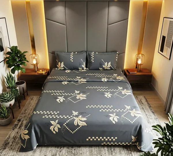 Modern_Leafline_Dark_Grey_100_%_Cotton_Rich_Feel_Wrinkle_Free_Double_Bedsheet_With_2_Pillow_Cover_|_90*100_Inch_|_140_GSM_|_Queen_Size