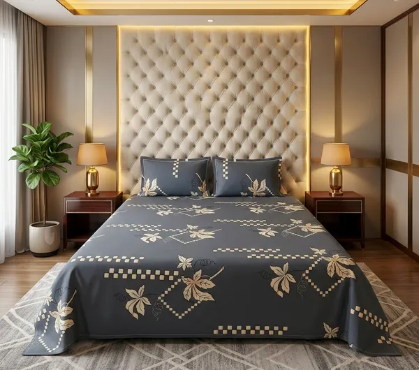 Modern_Leafline_Dark_Grey_100_%_Cotton_Rich_Feel_Wrinkle_Free_Double_Bedsheet_With_2_Pillow_Cover_|_90*100_Inch_|_140_GSM_|_Queen_Size