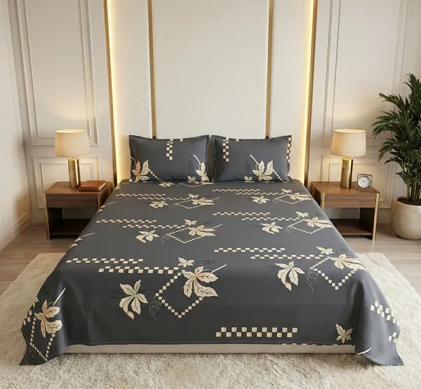Modern_Leafline_Dark_Grey_100_%_Cotton_Rich_Feel_Wrinkle_Free_Double_Bedsheet_With_2_Pillow_Cover_|_90*100_Inch_|_140_GSM_|_Queen_Size