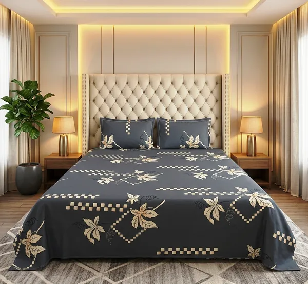 Modern_Leafline_Dark_Grey_100_%_Cotton_Rich_Feel_Wrinkle_Free_Double_Bedsheet_With_2_Pillow_Cover_|_90*100_Inch_|_140_GSM_|_Queen_Size
