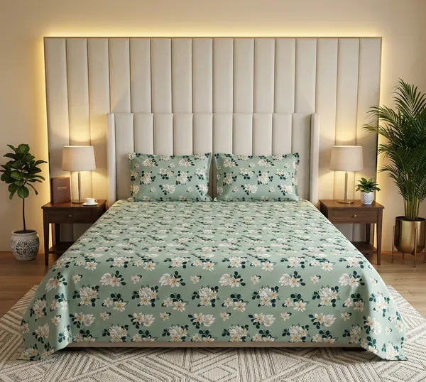 Mint_Bloom_100%_Cotton_Rich_Feel_Flat_Double_Bedsheet_With_2_Pillow_Cover_|_90*100_Inch_|_140GSM_|_Queen_Size