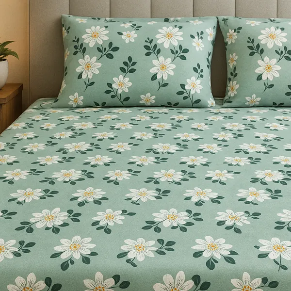 Mint_Bloom_100%_Cotton_Rich_Feel_Flat_Double_Bedsheet_With_2_Pillow_Cover_|_90*100_Inch_|_140GSM_|_Queen_Size