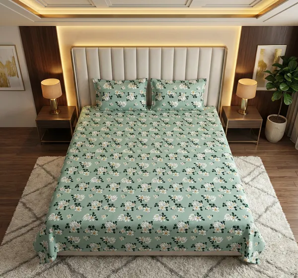 Mint_Bloom_100%_Cotton_Rich_Feel_Flat_Double_Bedsheet_With_2_Pillow_Cover_|_90*100_Inch_|_140GSM_|_Queen_Size
