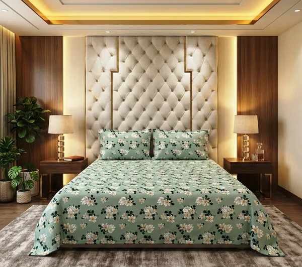 Mint_Bloom_100%_Cotton_Rich_Feel_Flat_Double_Bedsheet_With_2_Pillow_Cover_|_90*100_Inch_|_140GSM_|_Queen_Size