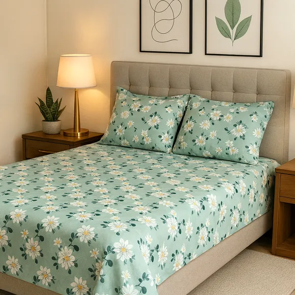 Mint_Bloom_100%_Cotton_Rich_Feel_Flat_Double_Bedsheet_With_2_Pillow_Cover_|_90*100_Inch_|_140GSM_|_Queen_Size