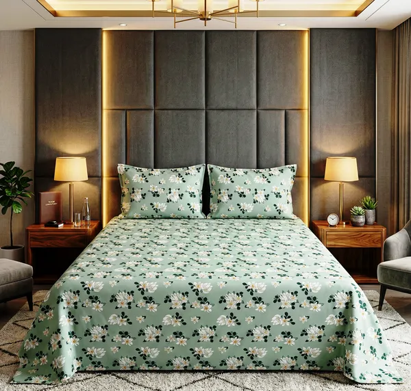 Mint_Bloom_100%_Cotton_Rich_Feel_Flat_Double_Bedsheet_With_2_Pillow_Cover_|_90*100_Inch_|_140GSM_|_Queen_Size