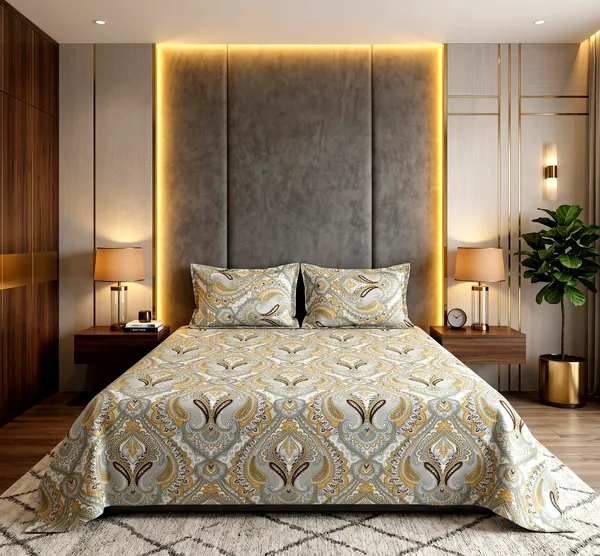 Luxe_Paisley_Queen_Size_Bedsheet_Set_–_Gold,_Grey_&_Brown_Damask_Print_|_Ultra-Soft,_Wrinkle-Free_Fabric_|_With_2_Pillow_Covers_|_90*100_Inch_|_140_GSM
