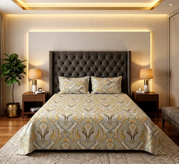 Luxe_Paisley_Queen_Size_Bedsheet_Set_–_Gold,_Grey_&_Brown_Damask_Print_|_Ultra-Soft,_Wrinkle-Free_Fabric_|_With_2_Pillow_Covers_|_90*100_Inch_|_140_GSM