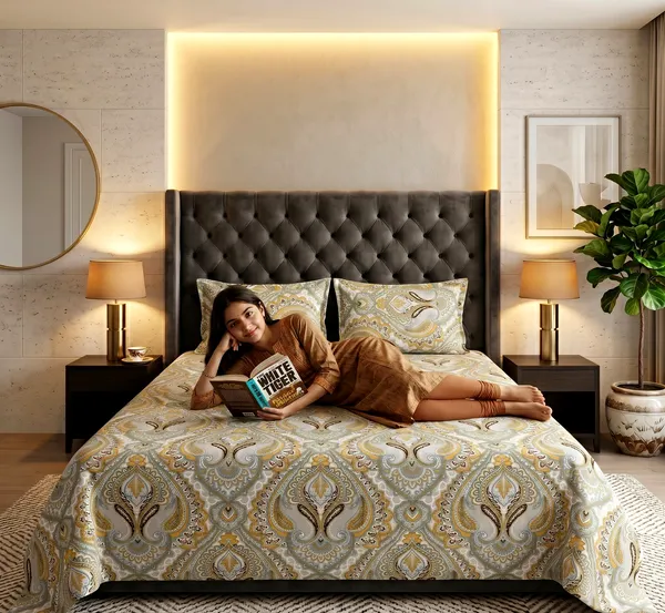 Luxe_Paisley_Queen_Size_Bedsheet_Set_–_Gold,_Grey_&_Brown_Damask_Print_|_Ultra-Soft,_Wrinkle-Free_Fabric_|_With_2_Pillow_Covers_|_90*100_Inch_|_140_GSM