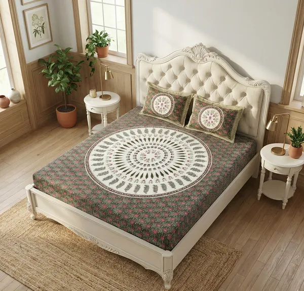 Royal_Mandala_Pattern_100%_Pure_Cotton_Super_King_Size_Double_Bedsheet_with_2_Pillow_Cover_|_108*108_Inch_|_300_TC