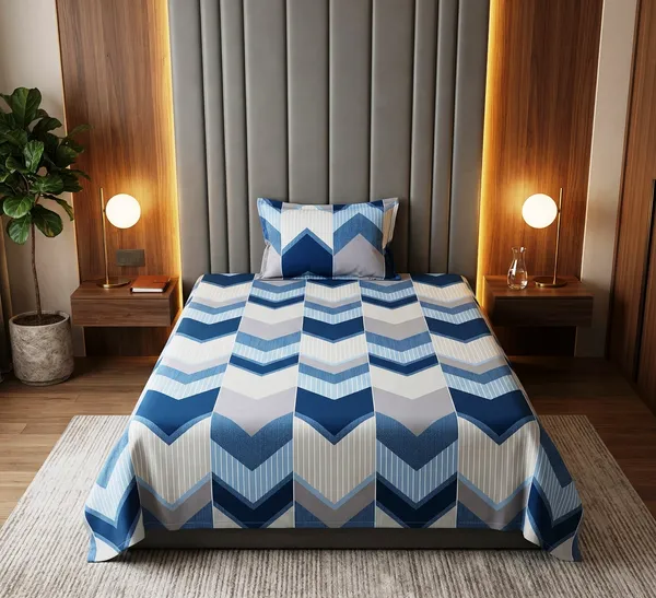Modern_Blue_Striped_Chevron_Soft_Cotton_Feel_Single_Bedsheet_With_Pillow_Cover_|_60*90_Inch_|__120_GSM