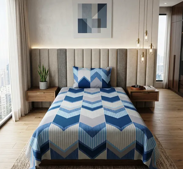Modern_Blue_Striped_Chevron_Soft_Cotton_Feel_Single_Bedsheet_With_Pillow_Cover_|_60*90_Inch_|__120_GSM
