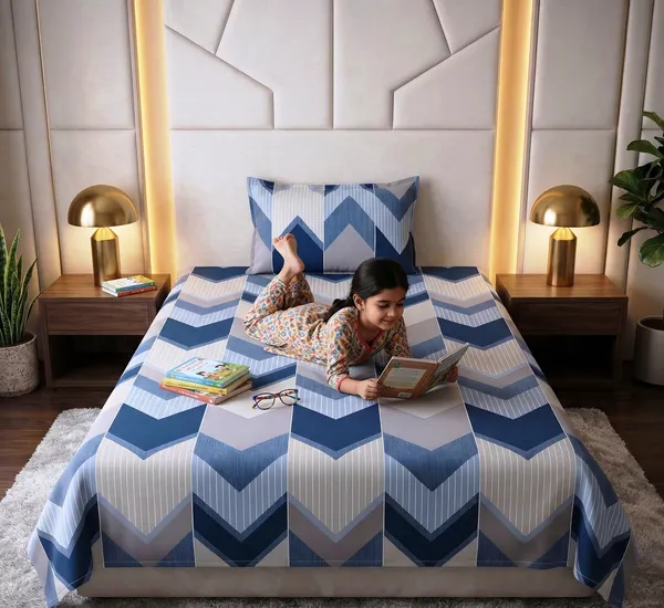 Modern_Blue_Striped_Chevron_Soft_Cotton_Feel_Single_Bedsheet_With_Pillow_Cover_|_60*90_Inch_|__120_GSM