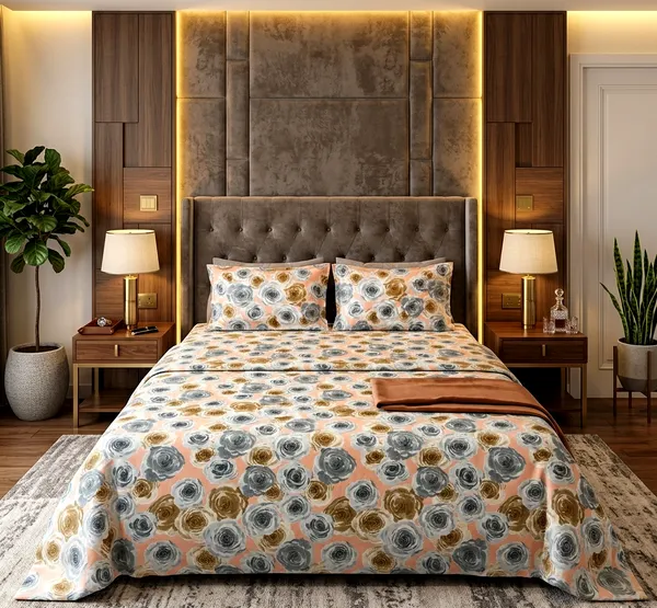 Peach_Gold_Rose_Print_Queen-Size_Bedsheet_Set_With_2_Pillow_Cover_|_Ultra_Soft_&_Premium_Design_|_90*100_Inch_|_140_GSM