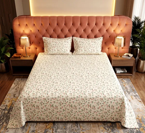 Peach_Rose_Sprig_Queen_Bedsheet_Set–Scattered_Vine_&_Floral_Print_|_Skin-Soft_Breathable_Fabric_|_3_Piece_Set_|_90*100_Inch_|_140_GSM