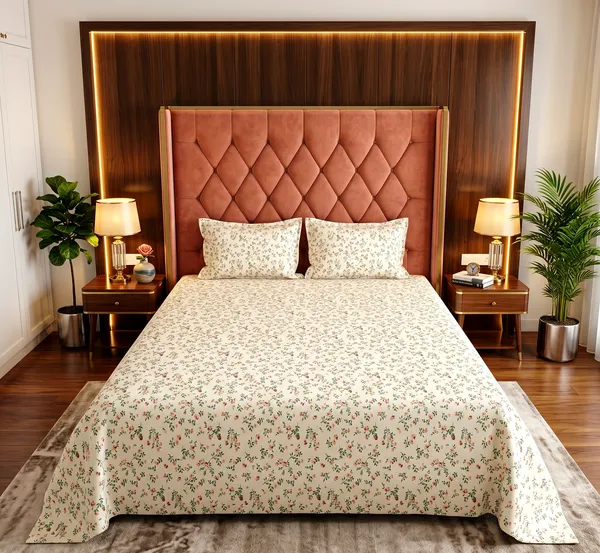 Peach_Rose_Sprig_Queen_Bedsheet_Set–Scattered_Vine_&_Floral_Print_|_Skin-Soft_Breathable_Fabric_|_3_Piece_Set_|_90*100_Inch_|_140_GSM