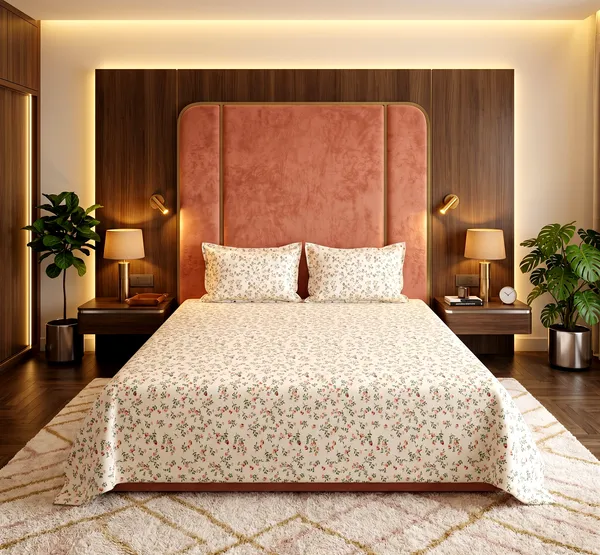 Peach_Rose_Sprig_Queen_Bedsheet_Set–Scattered_Vine_&_Floral_Print_|_Skin-Soft_Breathable_Fabric_|_3_Piece_Set_|_90*100_Inch_|_140_GSM