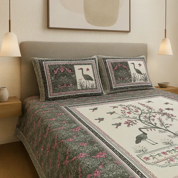 Premium_Bird_&_Floral_Print_100%_Pure_Cotton_Super_King_Size_Bedsheet_with_2_Pillow_cover_|_108*108_Inch_|_300_TC