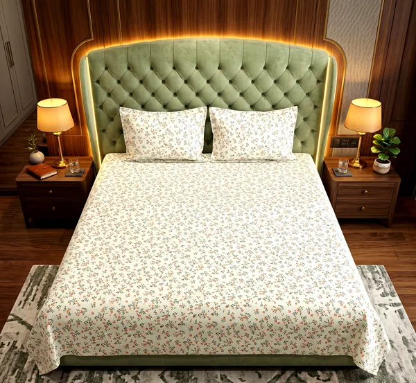 Rosebud_Whisper_Queen_Size_Double_Bedsheet-Micro_Ditsy_Floral_Print_|_Skin-Soft_Cotton_Blend_|_3-Piece_Set_|_90*100_Inch_|_140_GSM
