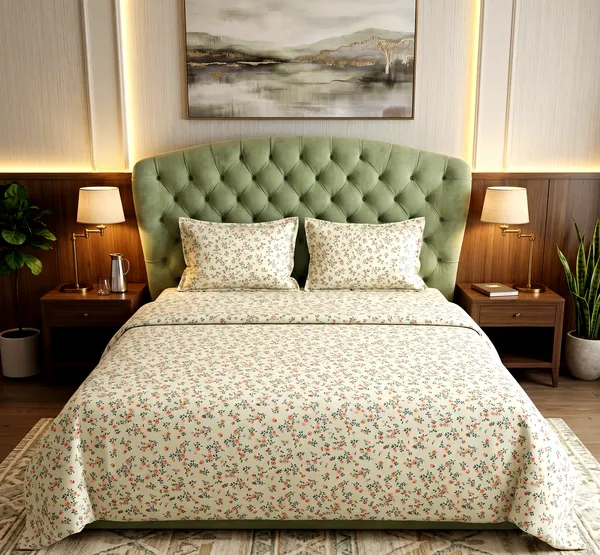 Rosebud_Whisper_Queen_Size_Double_Bedsheet-Micro_Ditsy_Floral_Print_|_Skin-Soft_Cotton_Blend_|_3-Piece_Set_|_90*100_Inch_|_140_GSM