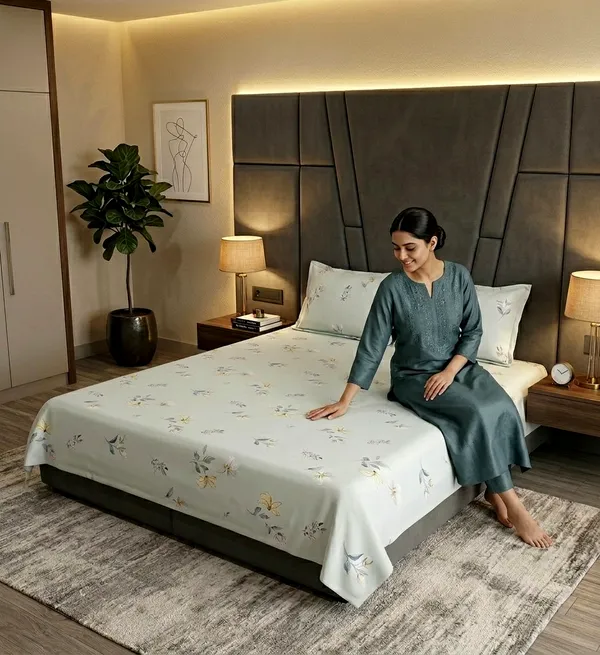 Serene_Meadow_Queen_Size_Bedsheet_Set_|_Cool_Blue_Botanical_Floral_Print_|_Ultra_Soft_Fabric_with_2_Pillow_Covers__|_90*100_Inch_|_140_GSM