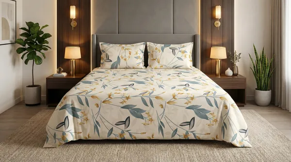 White_Sunlit_Blossom_100_%_Cotton_Rich_Feel_Flat_Double_Bedsheet_With_2_Pillow_Cover_|_90*100_Inch_|_140GSM_|_Queen_Size