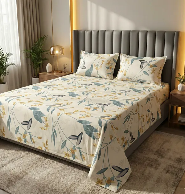 White_Sunlit_Blossom_100_%_Cotton_Rich_Feel_Flat_Double_Bedsheet_With_2_Pillow_Cover_|_90*100_Inch_|_140GSM_|_Queen_Size