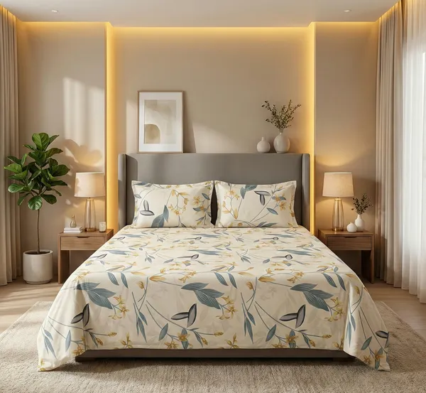 White_Sunlit_Blossom_100_%_Cotton_Rich_Feel_Flat_Double_Bedsheet_With_2_Pillow_Cover_|_90*100_Inch_|_140GSM_|_Queen_Size