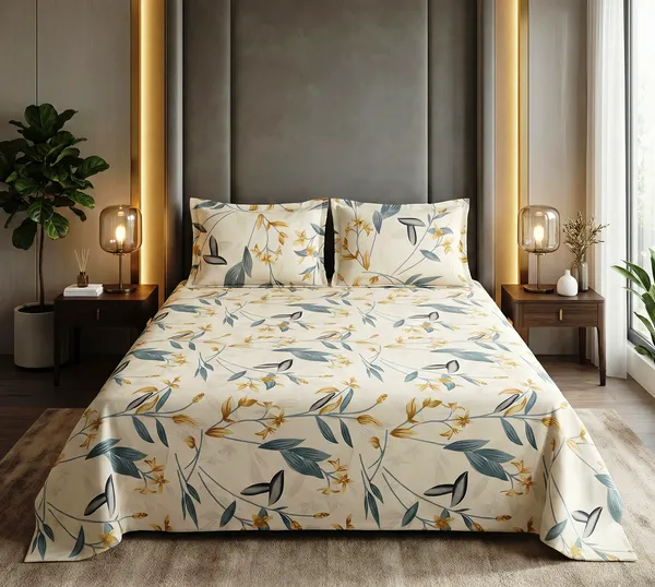 White_Sunlit_Blossom_100_%_Cotton_Rich_Feel_Flat_Double_Bedsheet_With_2_Pillow_Cover_|_90*100_Inch_|_140GSM_|_Queen_Size
