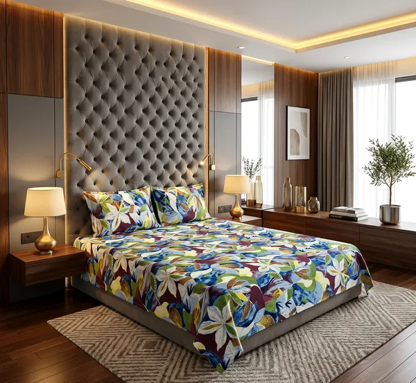 Tropical_Canvas_Queen_Size_Bedsheet_Set_|_Bold_Abstract_Floral_Print_|_Blue,_Burgundy,_Green_&_White_|_Soft_Cotton_Feel_|_3-Piece_Set_with_2_Pillow_Covers_|_140_GSM