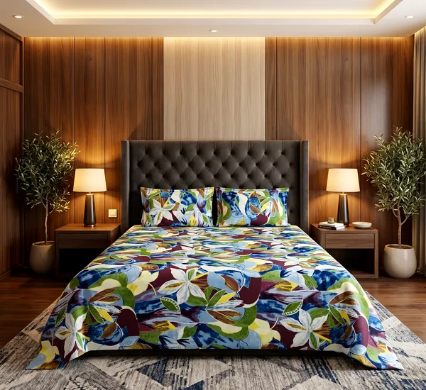 Tropical_Canvas_Queen_Size_Bedsheet_Set_|_Bold_Abstract_Floral_Print_|_Blue,_Burgundy,_Green_&_White_|_Soft_Cotton_Feel_|_3-Piece_Set_with_2_Pillow_Covers_|_140_GSM