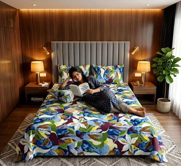 Tropical_Canvas_Queen_Size_Bedsheet_Set_|_Bold_Abstract_Floral_Print_|_Blue,_Burgundy,_Green_&_White_|_Soft_Cotton_Feel_|_3-Piece_Set_with_2_Pillow_Covers_|_140_GSM