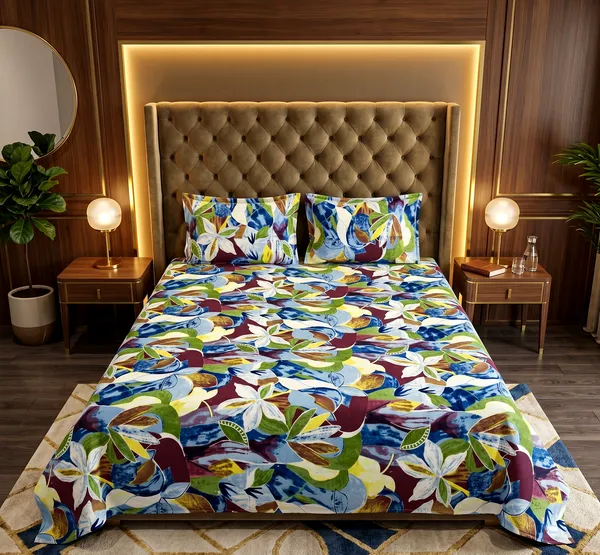 Tropical_Canvas_Queen_Size_Bedsheet_Set_|_Bold_Abstract_Floral_Print_|_Blue,_Burgundy,_Green_&_White_|_Soft_Cotton_Feel_|_3-Piece_Set_with_2_Pillow_Covers_|_140_GSM