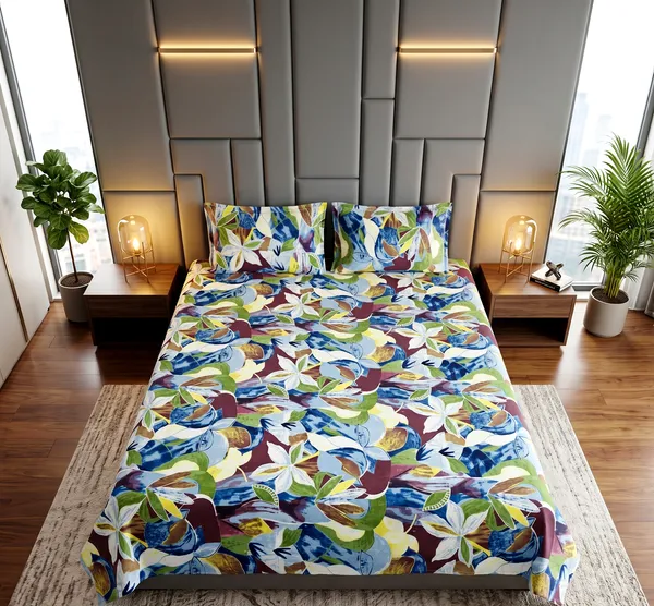 Tropical_Canvas_Queen_Size_Bedsheet_Set_|_Bold_Abstract_Floral_Print_|_Blue,_Burgundy,_Green_&_White_|_Soft_Cotton_Feel_|_3-Piece_Set_with_2_Pillow_Covers_|_140_GSM