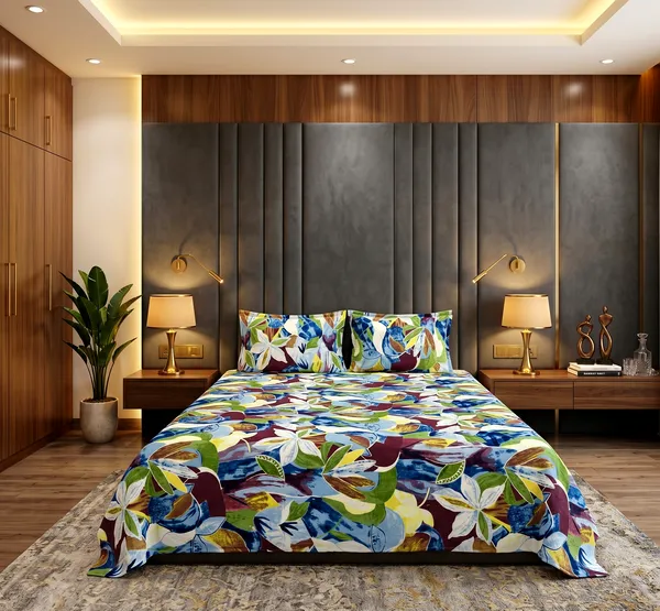 Tropical_Canvas_Queen_Size_Bedsheet_Set_|_Bold_Abstract_Floral_Print_|_Blue,_Burgundy,_Green_&_White_|_Soft_Cotton_Feel_|_3-Piece_Set_with_2_Pillow_Covers_|_140_GSM