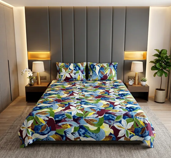 Tropical_Canvas_Queen_Size_Bedsheet_Set_|_Bold_Abstract_Floral_Print_|_Blue,_Burgundy,_Green_&_White_|_Soft_Cotton_Feel_|_3-Piece_Set_with_2_Pillow_Covers_|_140_GSM