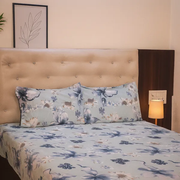 Pastel_Blue_Blossom_Serenity_100%_Cotton_Feel_Double_Bedsheet_With_2_Pillow_Cover|_90*100_Inch_|_140_GSM_|_Queen_Size