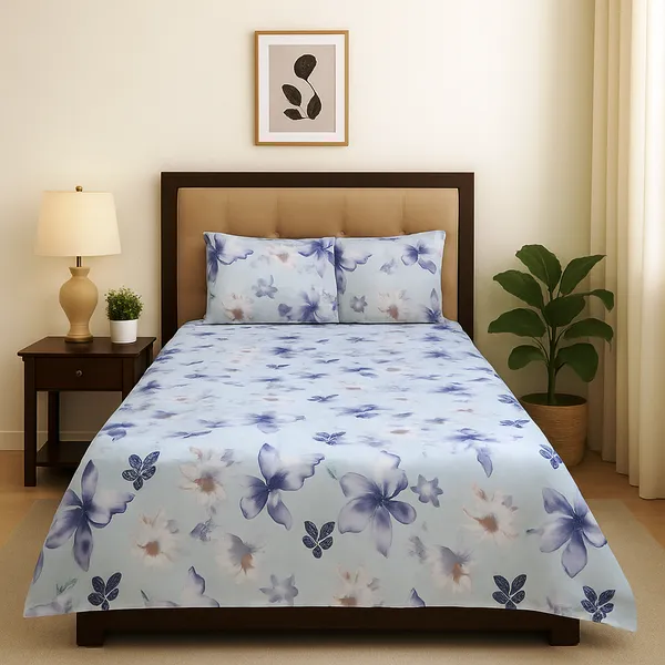 Pastel_Blue_Blossom_Serenity_100%_Cotton_Feel_Double_Bedsheet_With_2_Pillow_Cover|_90*100_Inch_|_140_GSM_|_Queen_Size