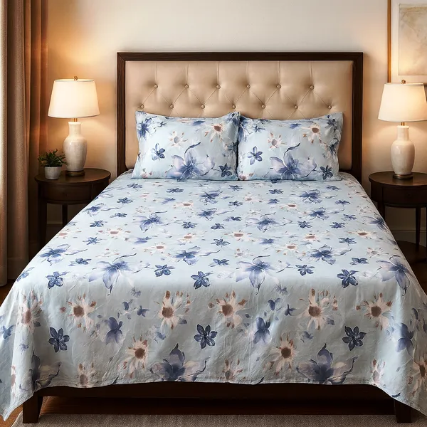 Pastel_Blue_Blossom_Serenity_100%_Cotton_Feel_Double_Bedsheet_With_2_Pillow_Cover|_90*100_Inch_|_140_GSM_|_Queen_Size