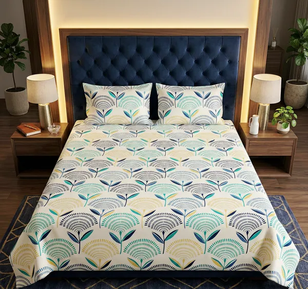 Serene_Blue_&_White_Floral_Paradise__100%_Cotton_Feel_Double_Bedsheet_With_2_Pillow_Cover_|_90*100_Inch_|_140_GSM_|_Queen_Size