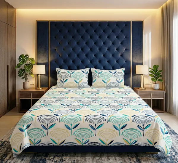 Serene_Blue_&_White_Floral_Paradise__100%_Cotton_Feel_Double_Bedsheet_With_2_Pillow_Cover_|_90*100_Inch_|_140_GSM_|_Queen_Size