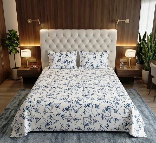 Luxury_White_&_Blue_Botanical_Print_Soft_Cotton_Feel_Super_King_Size_Double_Bedsheet_With_2_Pillow_Cover_|108*108_Inch_|_140_GSM